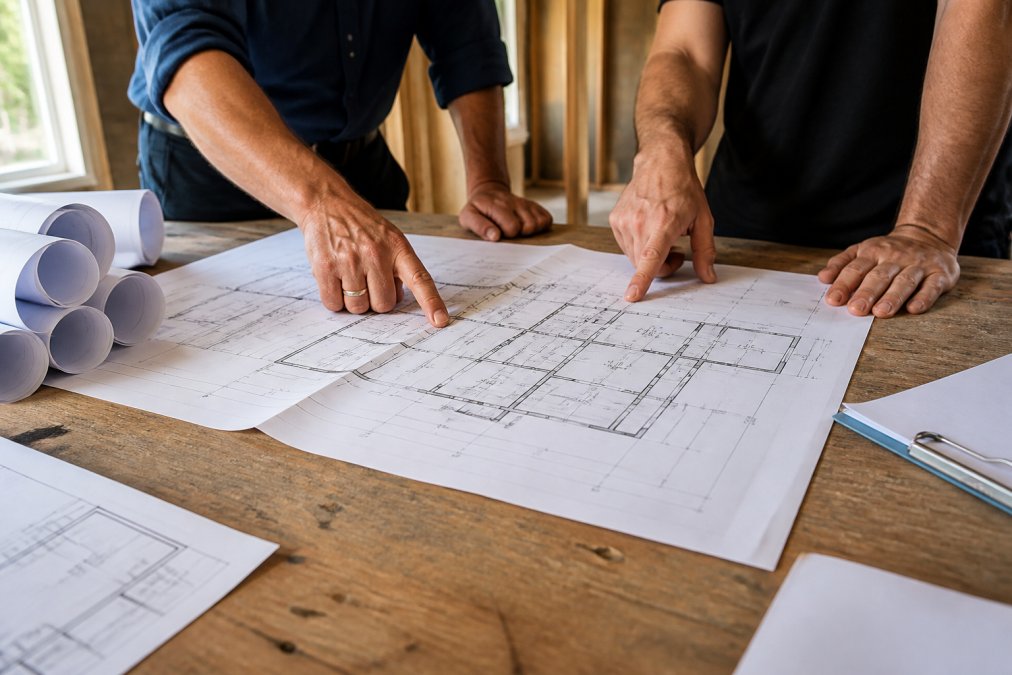 Close-up of hands pointing to different areas on architectural floor plans and construction documents during a site consultation, with blueprints and measurements visible on a wooden table