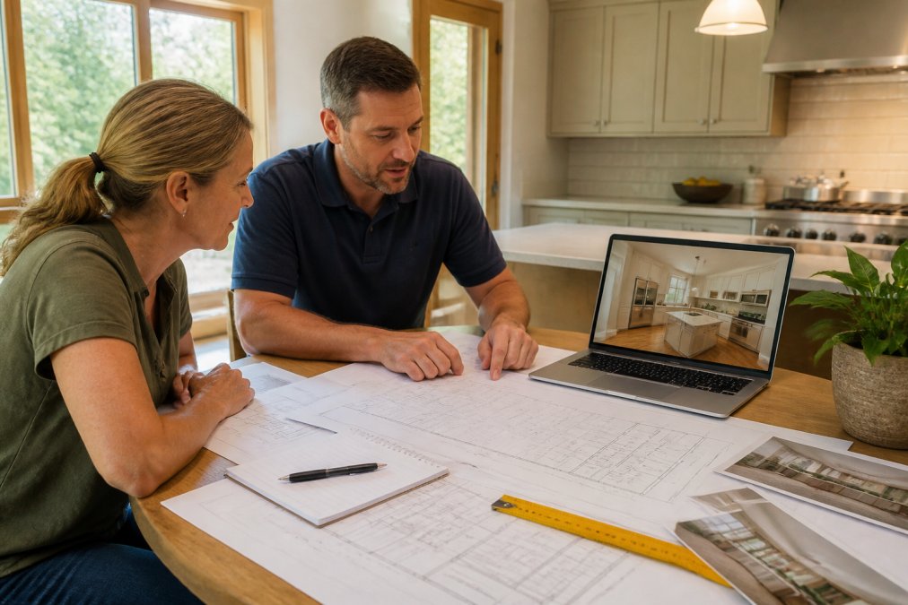 Homeowner meeting with contractor at kitchen table reviewing blueprints and 3D renderings on a laptop, with architectural plans, notes, and measurements spread out, natural light from window illuminating the documents