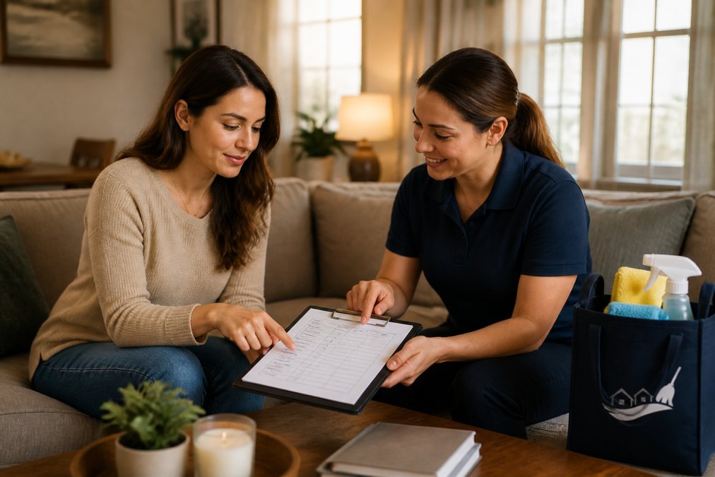 Homeowner and professional cleaner reviewing a detailed cleaning checklist on a tablet in a bright living room, both pointing at specific tasks