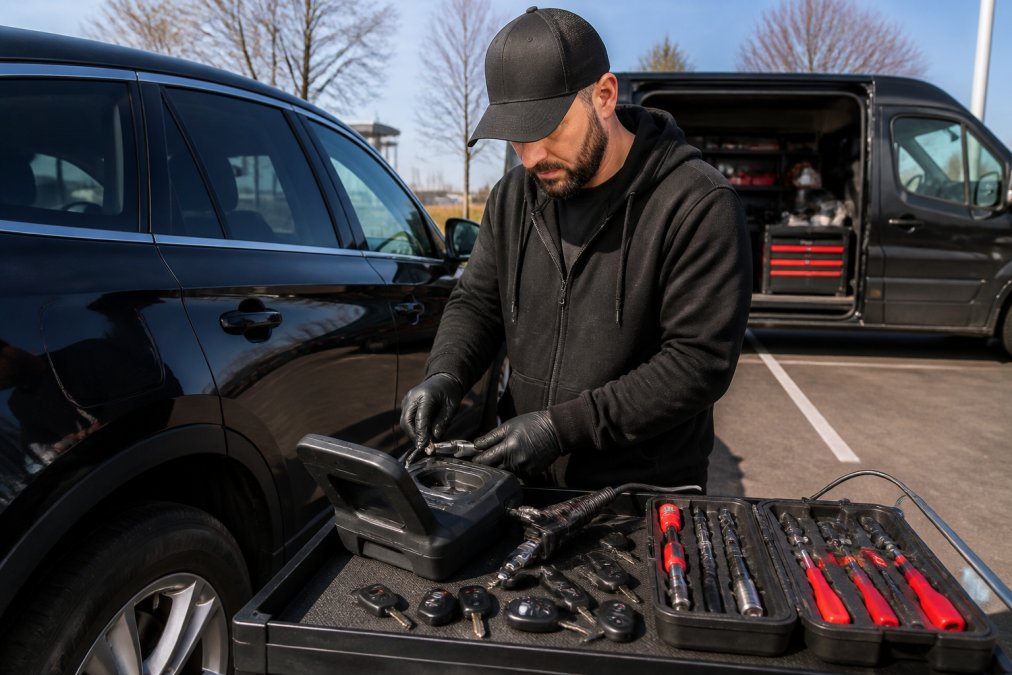 Professional automotive locksmith using specialized key programming equipment on a vehicle in a parking lot during daytime, with tools and diagnostic devices visible on the work surface