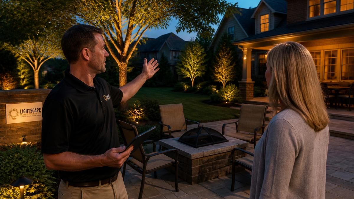 Professional landscape lighting designer holding tablet while standing in homeowner's backyard at dusk, pointing out trees and architectural features, with house and patio softly visible in evening light