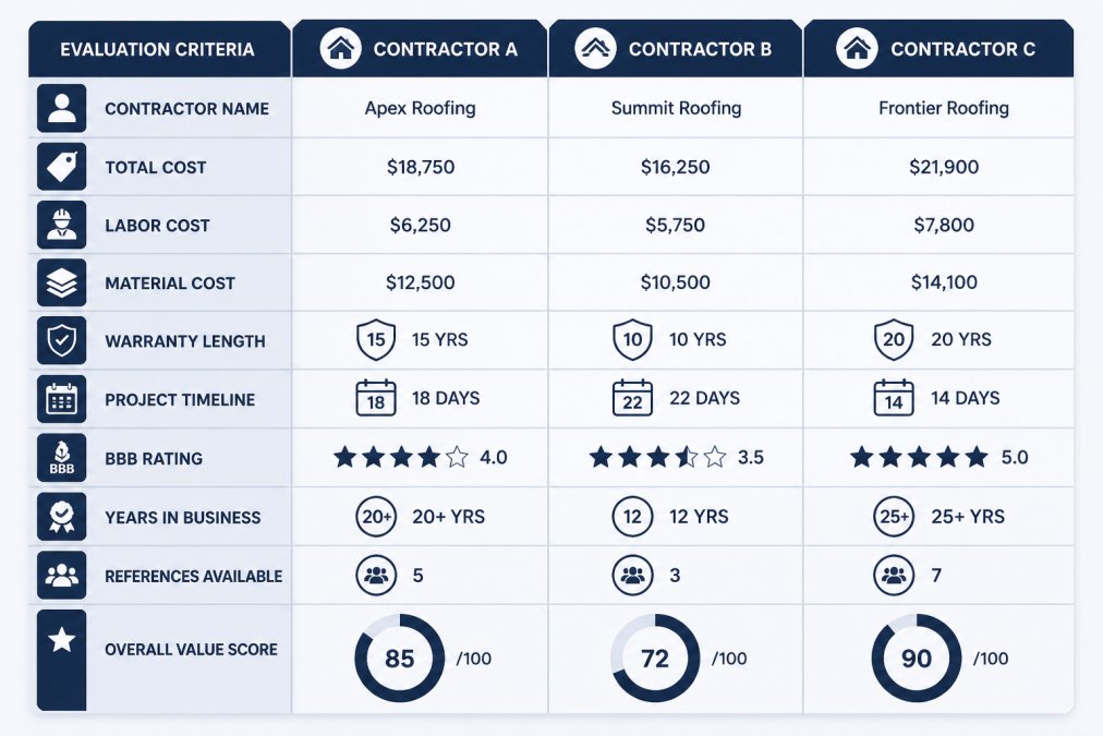 Comparison matrix showing contractor evaluation criteria: Contractor Name, Total Cost, Labor Cost, Material Cost, Warranty Length, Project Timeline, BBB Rating, Years in Business, References Available, and Overall Value Score