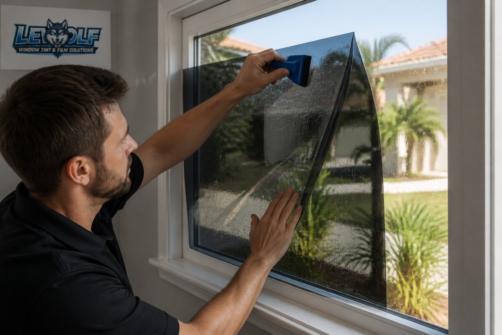 Professional installer carefully applying window film to residential glass using precision tools and squeegee, hands smoothing film with controlled pressure in bright natural lighting