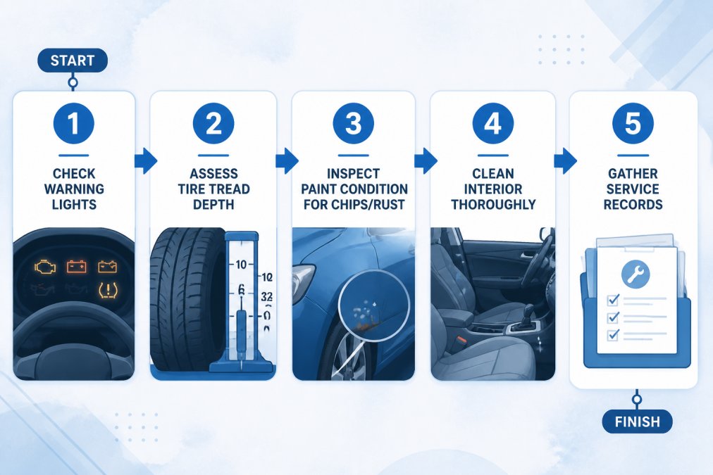 Watercolor flowchart showing 5 preparation steps: 1) Check warning lights, 2) Assess tire tread depth, 3) Inspect paint condition for chips/rust, 4) Clean interior thoroughly, 5) Gather service records
