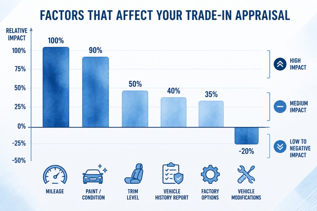 Watercolor bar chart showing relative impact of appraisal factors: mileage (high impact), paint/condition (high impact), trim level (medium impact), vehicle history report (medium impact), factory options (medium impact), vehicle modifications (low-to-negative impact)