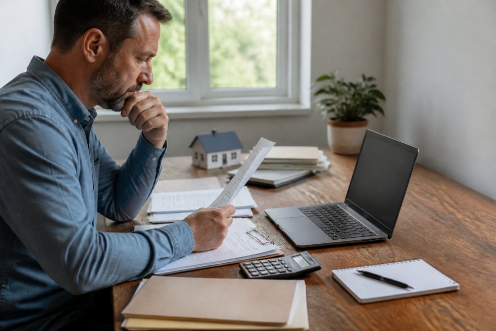 Homeowner sitting at a wooden desk reviewing insurance documents and property details, with a calculator, notepad, and laptop displaying a home insurance quote form, natural daylight from a window in background