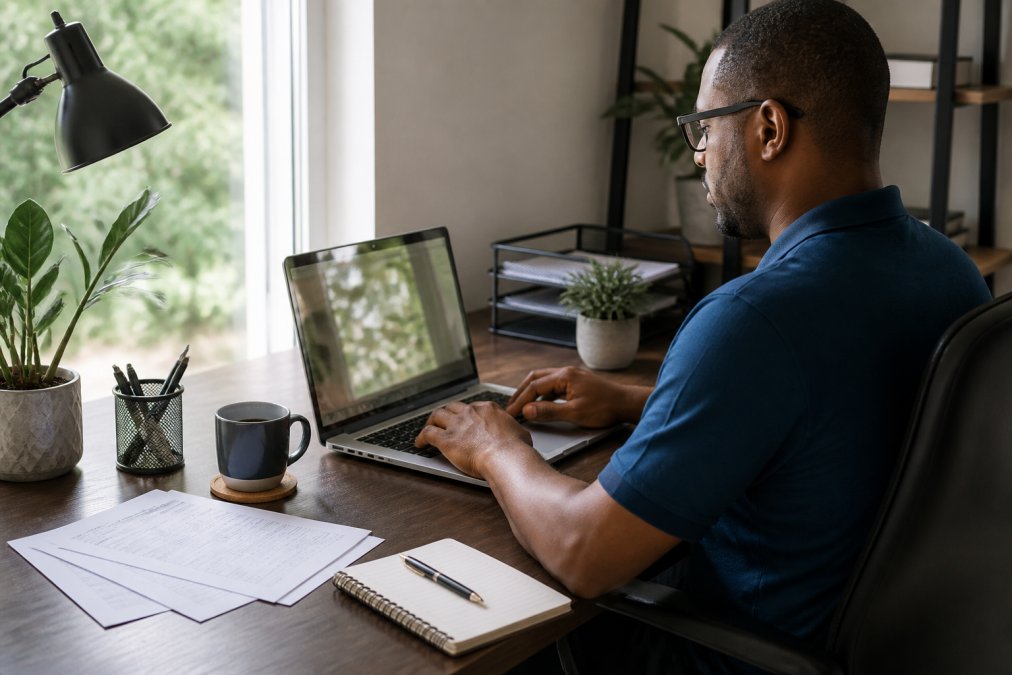 Person sitting at a home office desk using a laptop to complete an online home insurance quote form, with documents and a notepad visible, natural window lighting in the background