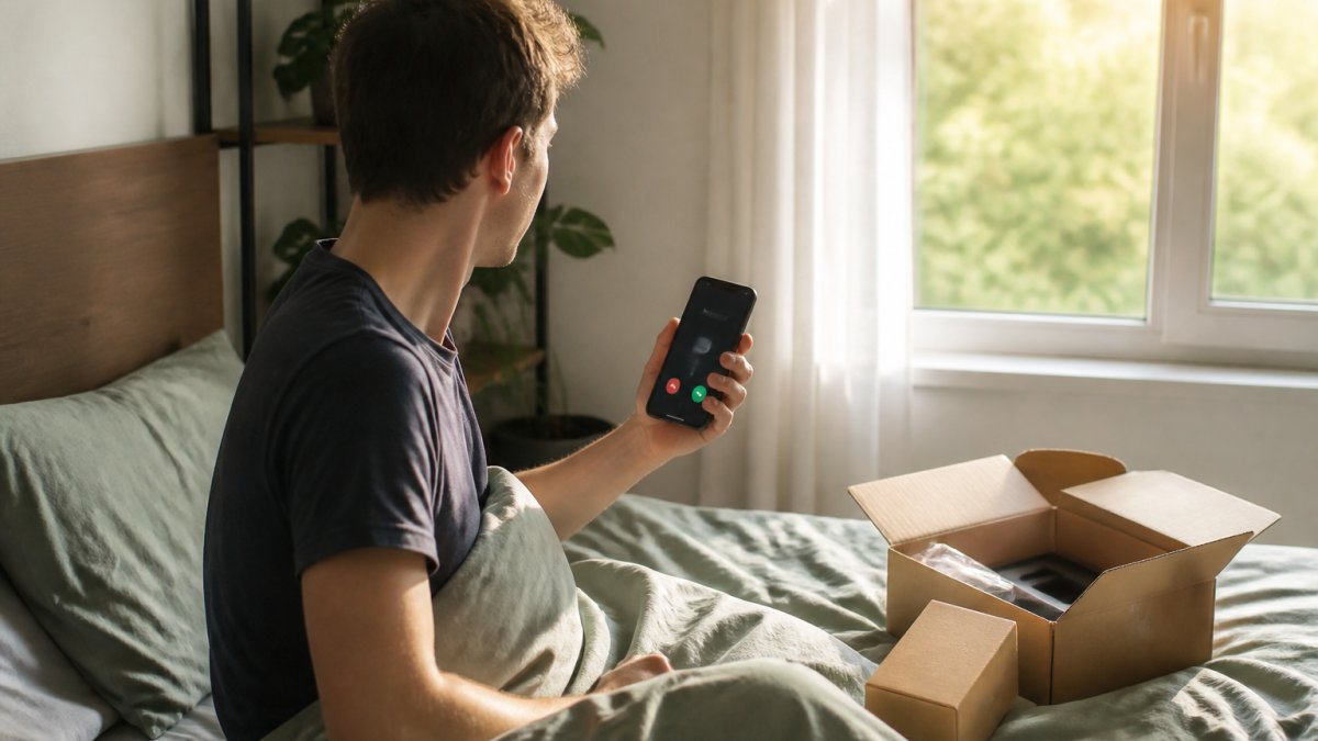 Person holding smartphone with incoming call notification visible on screen, sitting up in bed with morning daylight streaming through window