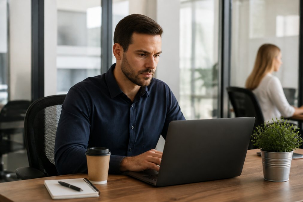 Sales professional reviewing real-time AI deal guidance and CRM insights on laptop screen in modern office, with dashboard metrics visible in background