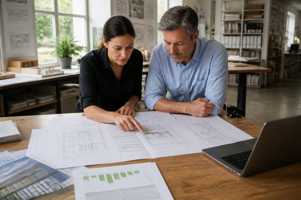 Architect and consultant reviewing blueprints and energy efficiency design documents at a drafting table