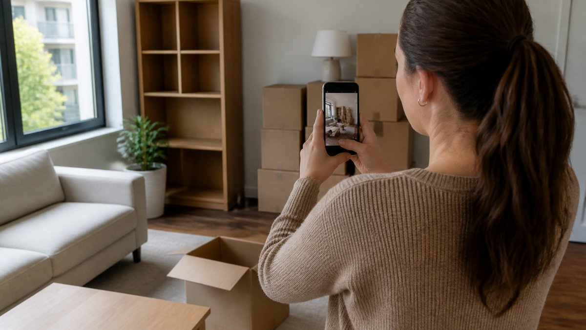 Person photographing furniture and boxes to get an instant quote local moving estimate in their apartment