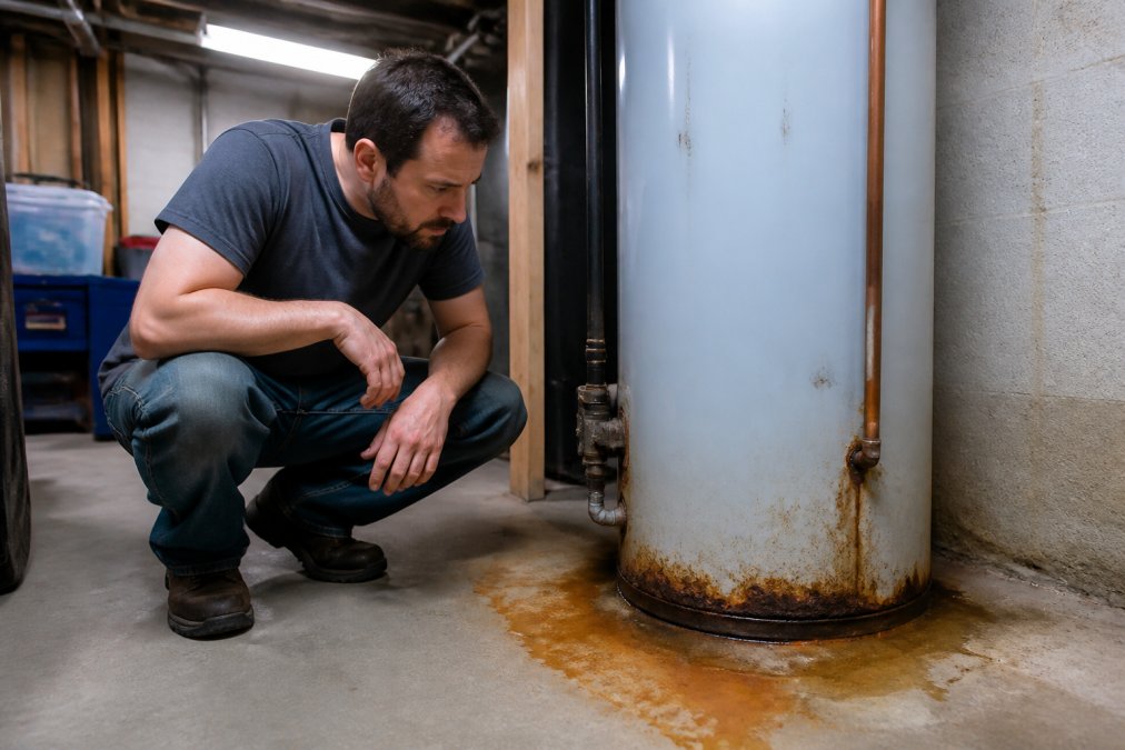 A homeowner crouching beside a traditional tank water heater in a utility room, inspecting the base of the unit with a concerned expression, with visible rust staining on the concrete floor around the tank base, under harsh overhead fluorescent lighting