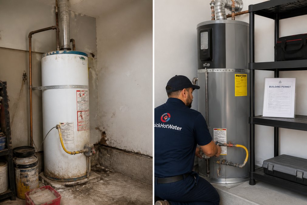 A licensed plumber in a branded uniform connecting gas line fittings on a new water heater installation in a residential garage, using professional tools, with a permit document visible on a nearby shelf under bright overhead lighting