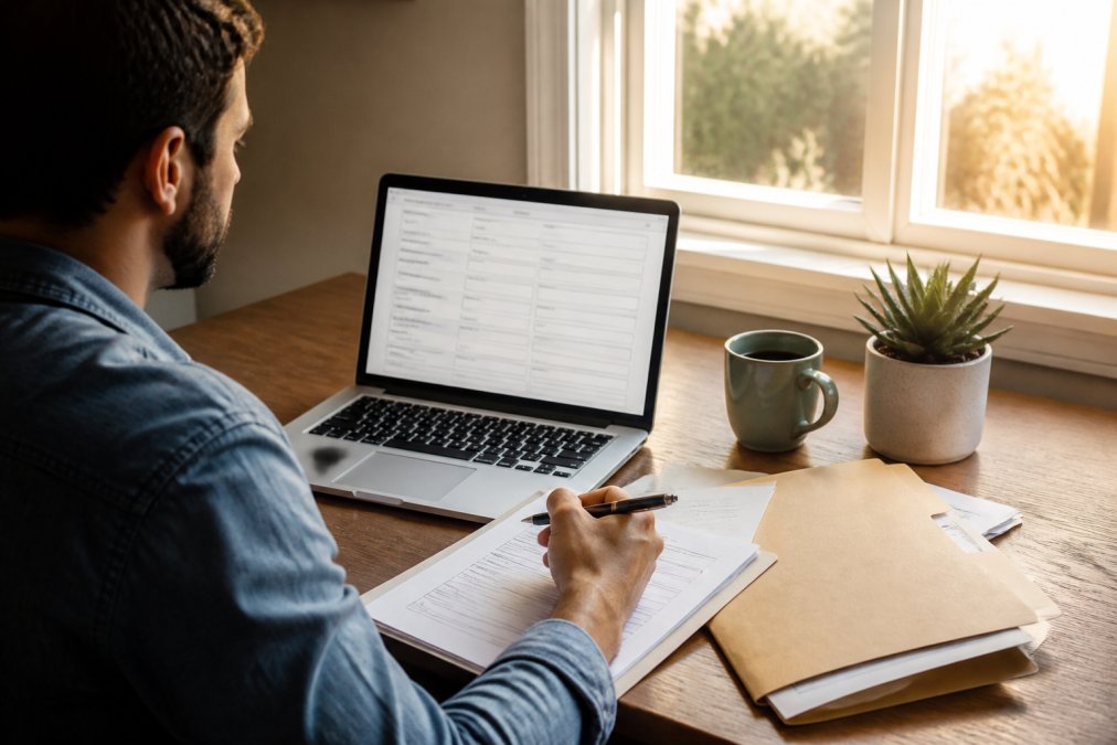 Person using a laptop to request an auto insurance quote Arizona while reviewing documents at a home desk