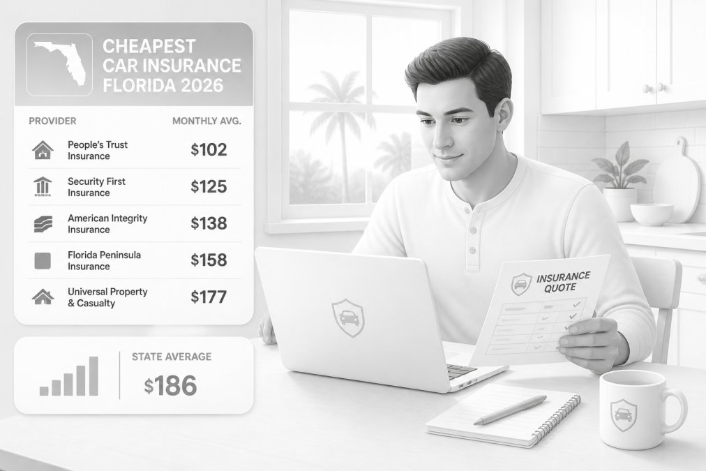 A Florida driver sitting at a kitchen table reviewing insurance documents on a laptop, with a pen and notepad nearby, natural daylight coming through a window behind them