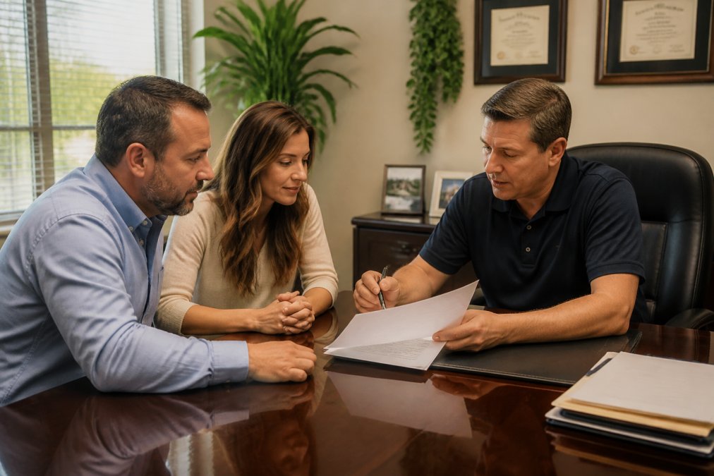A friendly insurance agent seated across a desk from a couple, reviewing paperwork together, both parties looking at documents, warm professional office lighting with plants and framed credentials visible on the wall