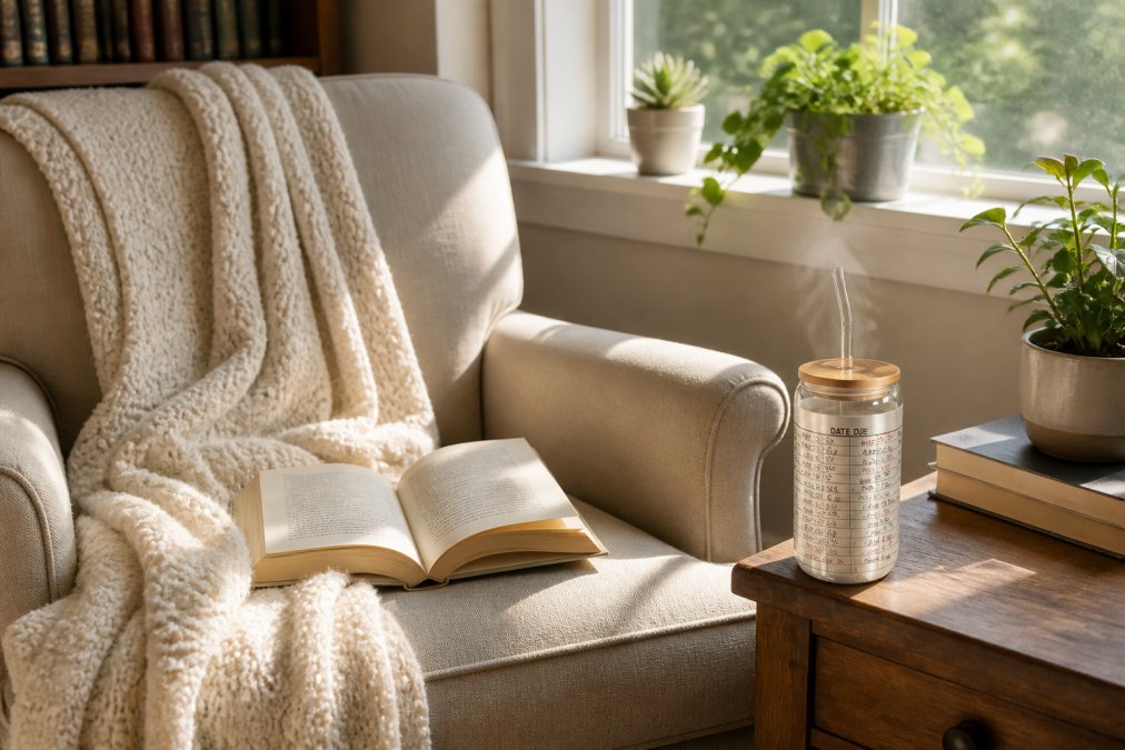 A cozy reading nook with an open book resting on a cream-colored blanket draped over an armchair, a steaming mug of tea on a wooden side table, and soft natural light streaming through a nearby window with plants on the sill