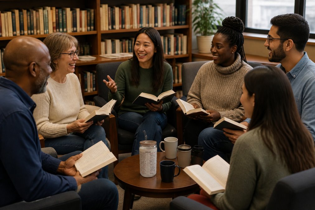 A diverse group of six people sitting in a comfortable circle during a book club meeting in a bright library setting, each holding open books and engaged in animated conversation, with coffee cups on a side table