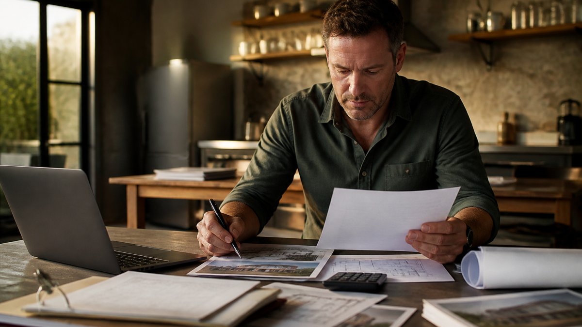 Commercial real estate investor reviewing property documents and financial statements at desk with laptop, pen, and property photos under warm office lighting