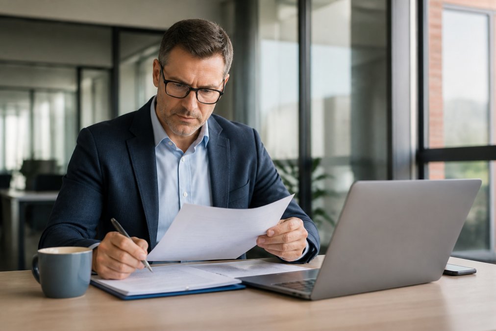 Professional business owner sitting at desk reviewing insurance documents and policy paperwork on laptop with coffee nearby in modern office setting