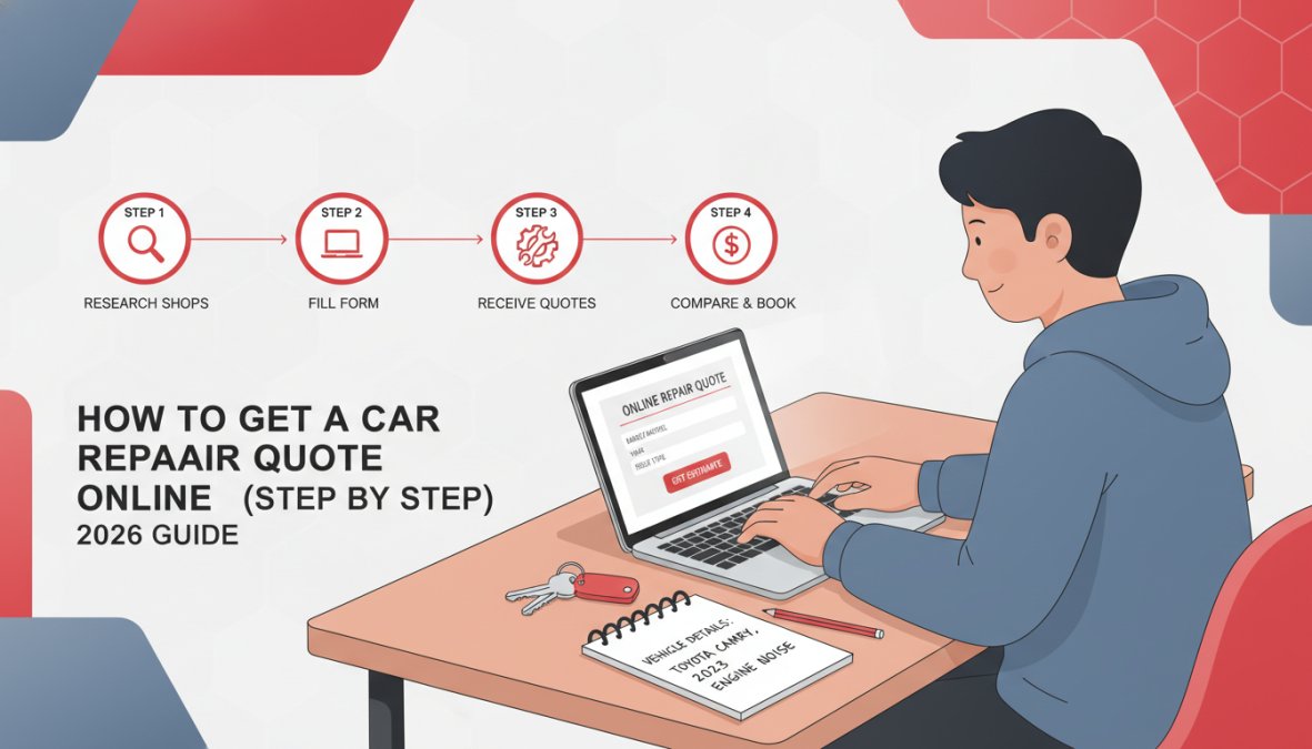 Person sitting at a kitchen table using a laptop to fill in an online car repair quote form, with car keys placed beside the keyboard and a notepad with vehicle details nearby