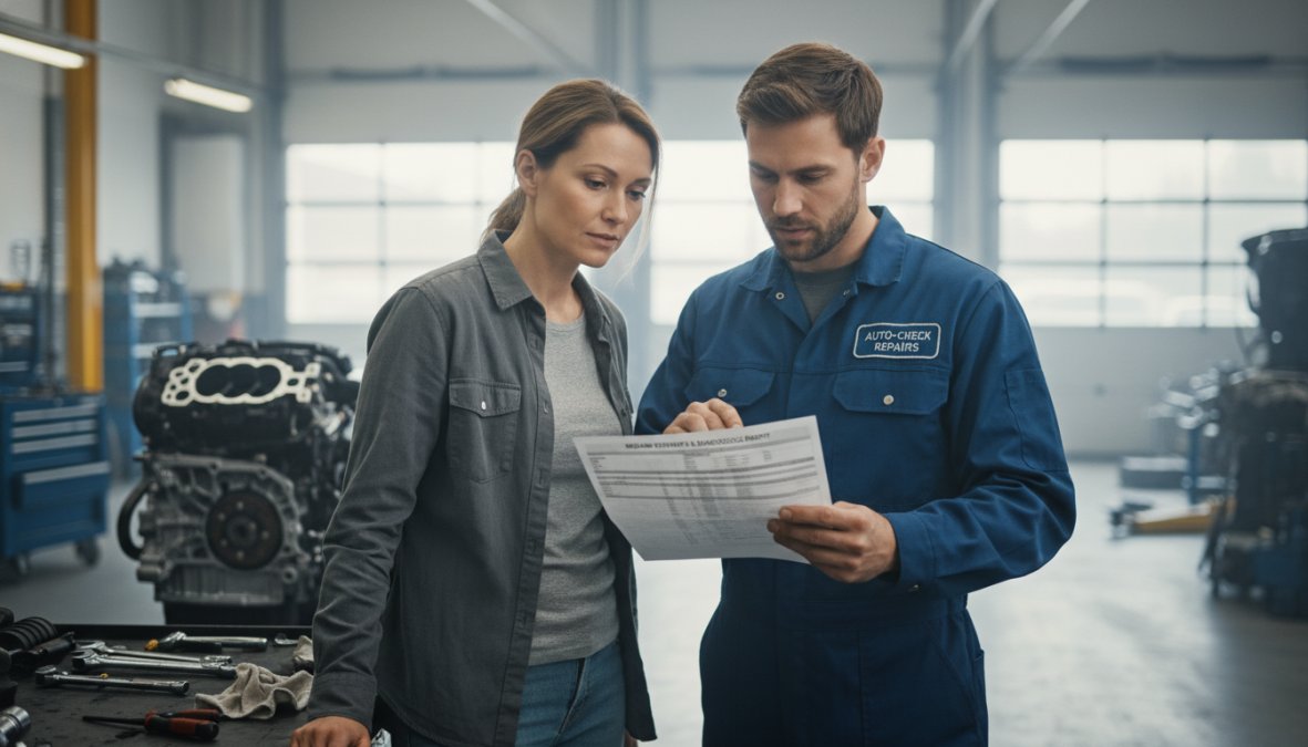 A customer in a clean, well-lit garage workshop speaking with a mechanic in a branded uniform who is holding a printed repair report, both looking at the document together