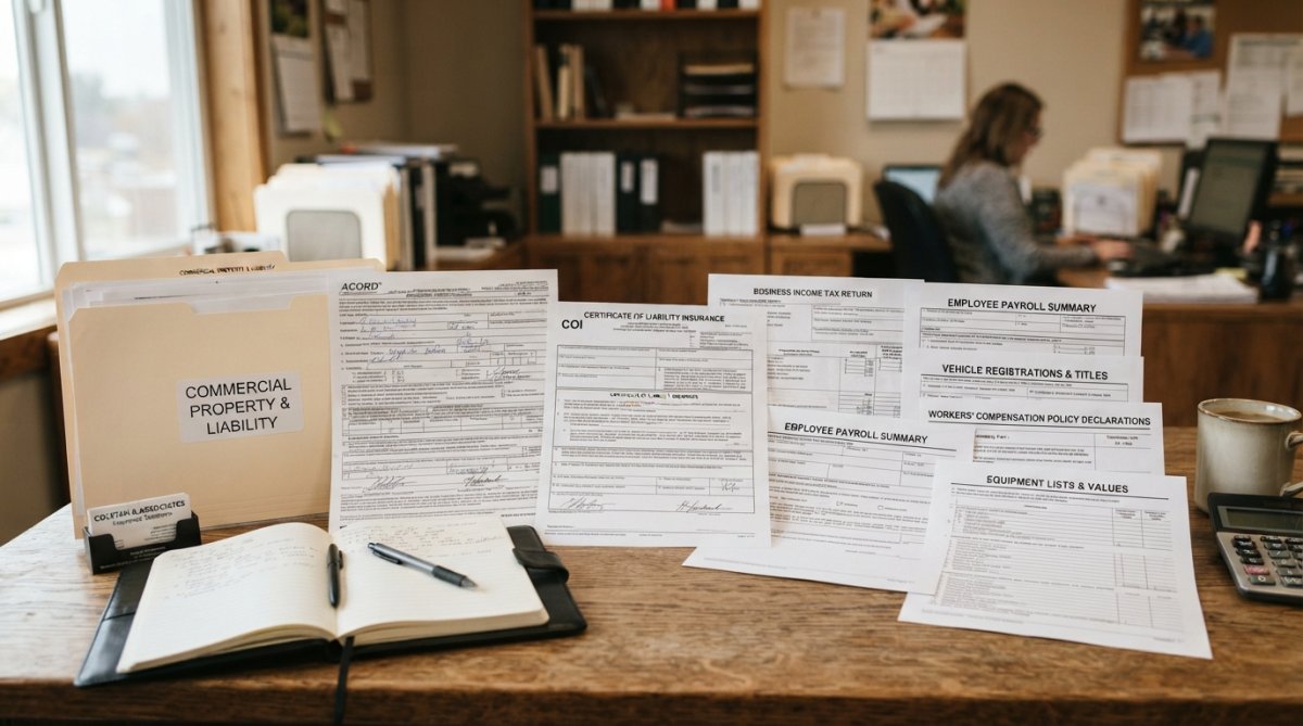 A business owner sitting at a desk with documents, laptop, notepad, and calculator, organizing information for an insurance quote in a bright home office