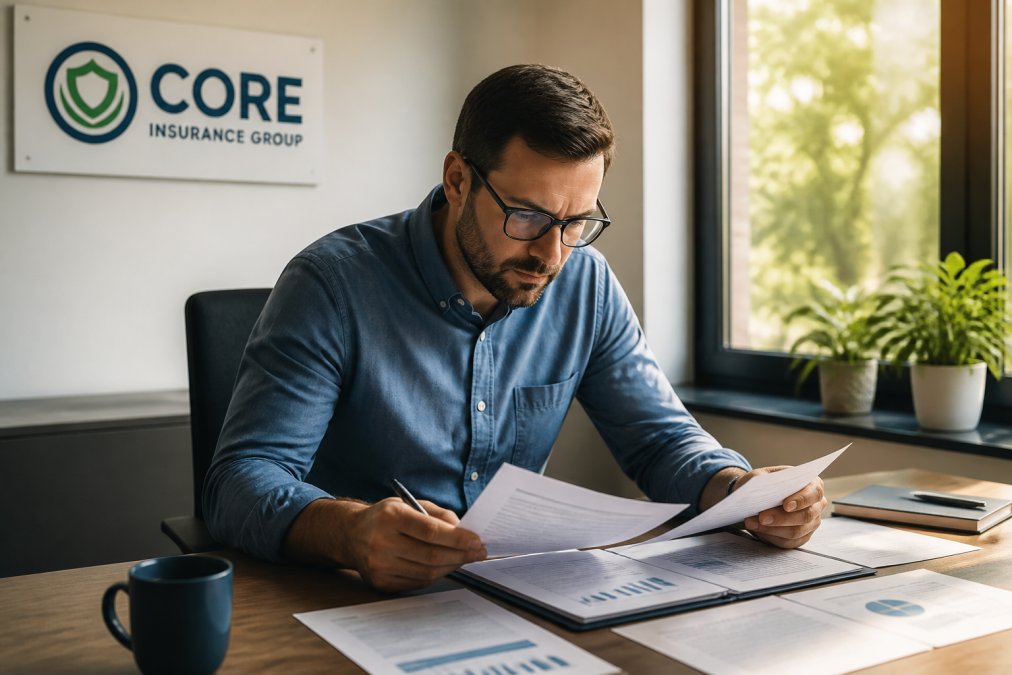 Business owner at desk reviewing insurance documents and policy paperwork with a cup of coffee nearby, natural office lighting streaming through window