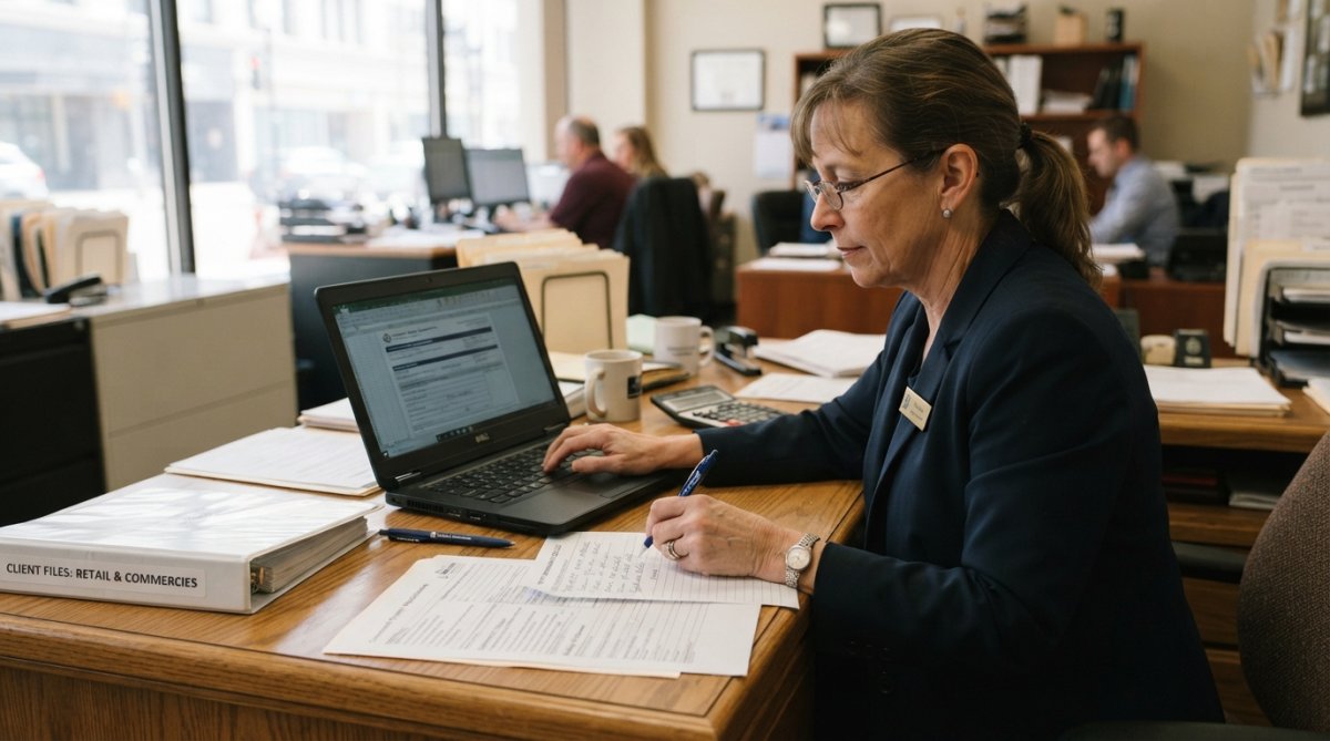 Business owner sitting at desk with laptop, calculator, and insurance documents spread out, reviewing paperwork and taking notes