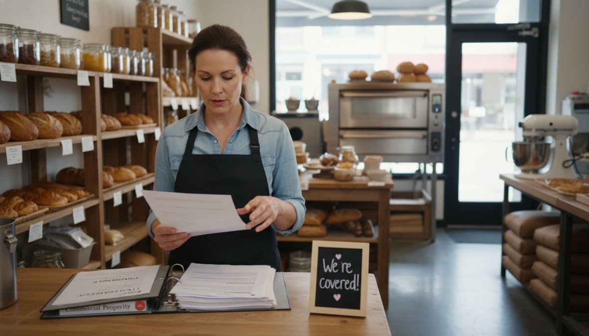 A small business owner standing inside their retail shop reviewing documents at a counter, with shelves of inventory visible in the background and warm overhead lighting illuminating the space