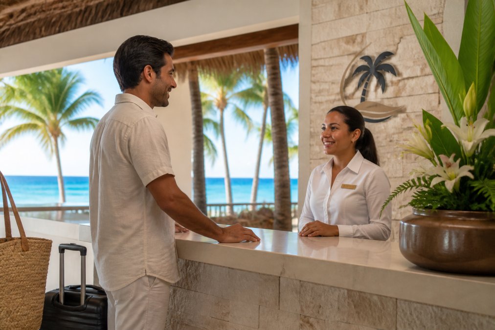 Guest speaking with a friendly front desk agent at a Caribbean resort check-in counter, both smiling, with tropical décor and ocean views visible in the background