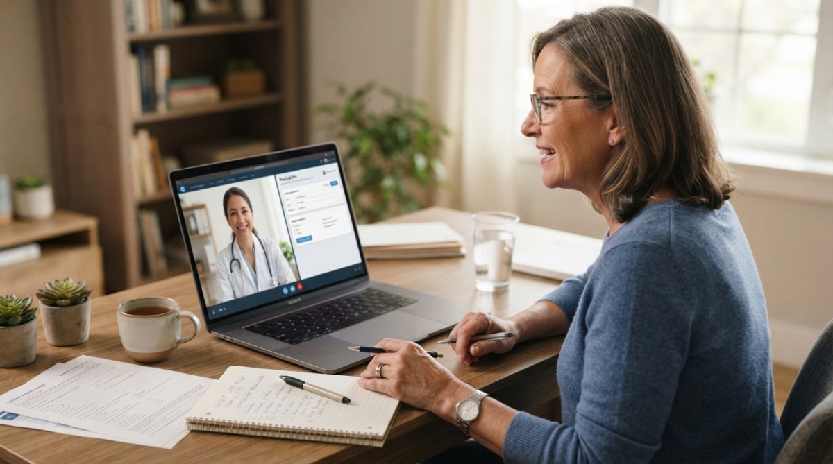 Patient having a virtual telehealth consultation with a healthcare provider on a laptop, showing medical records and prescription details on screen with natural office lighting
