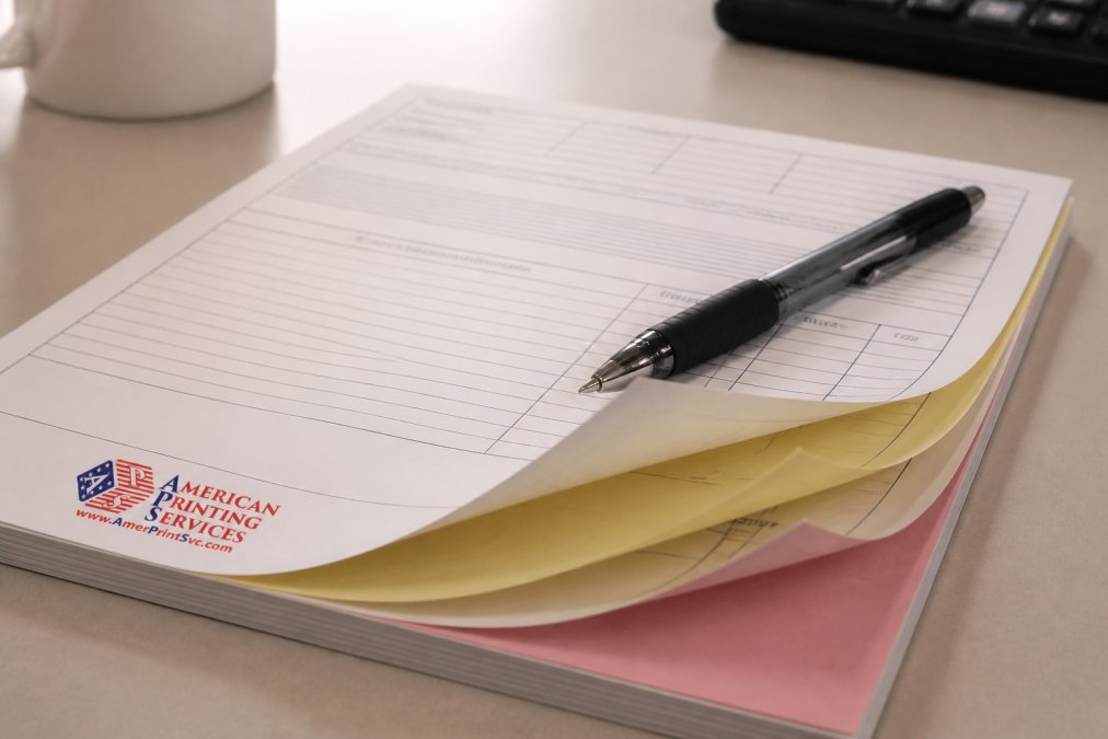 Close-up of a stack of multi-part carbonless NCR forms on a clean office desk, showing the white, yellow, and pink layers fanned out slightly, with a ballpoint pen resting on top under warm overhead lighting