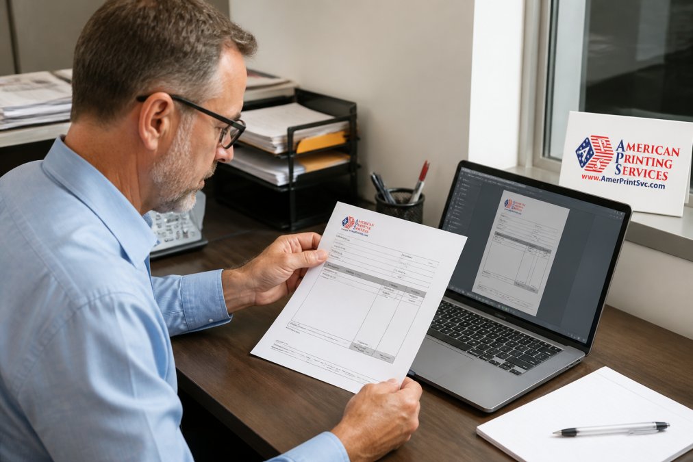 A business professional in a collared shirt sitting at a clean office desk, reviewing a printed proof of a custom invoice form under bright overhead lighting, with a laptop open beside them showing a design file on screen