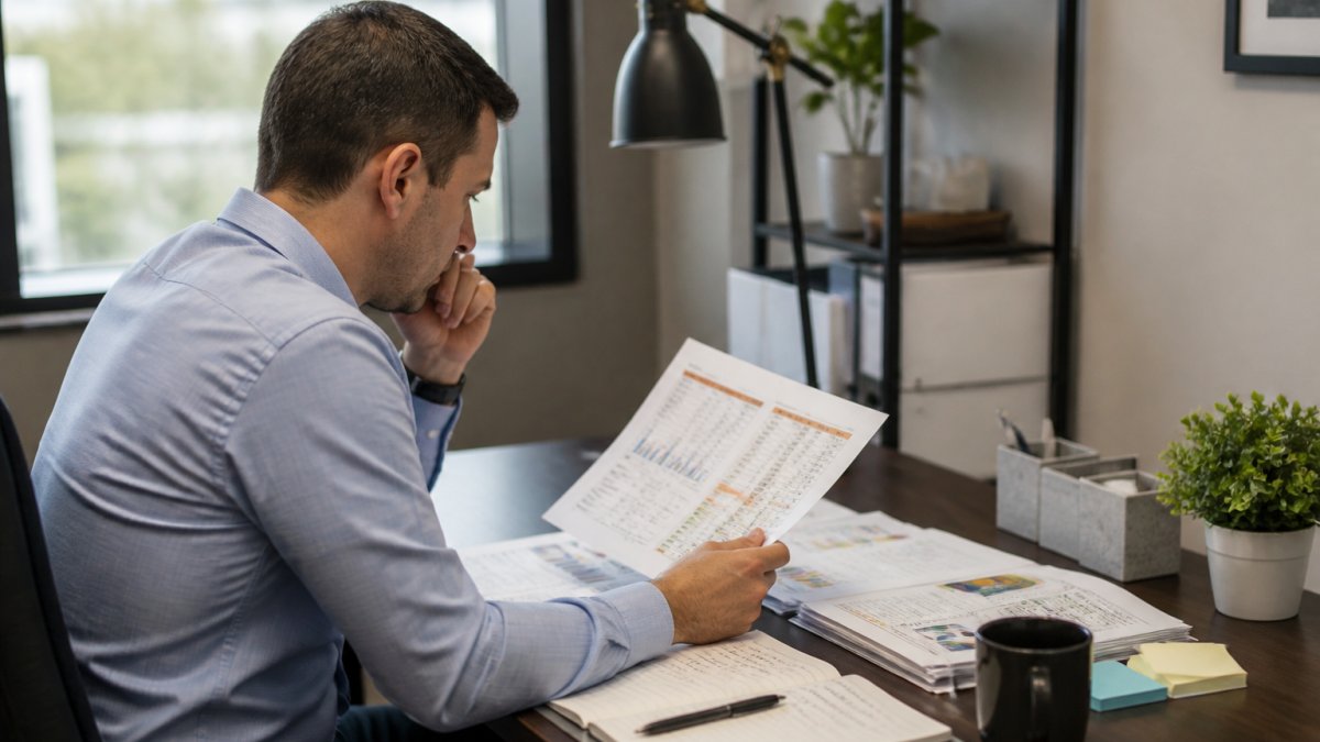 Business professional sitting at desk reviewing audit report on computer monitor with printed analysis sheets and notes spread across workspace, natural office lighting