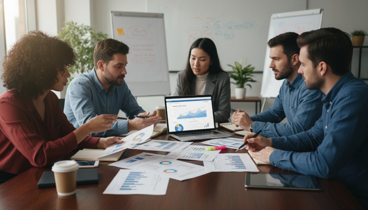 A diverse team of marketers and financial professionals gathered around a conference table reviewing printed reports and a laptop showing website traffic data, bright conference room lighting, collaborative atmosphere
