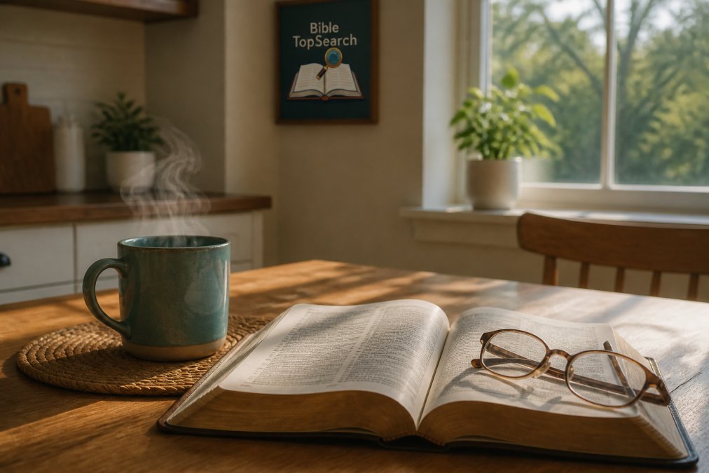 An open Bible on a kitchen table beside a steaming mug, morning light falling across the pages, a pair of reading glasses resting on the margin