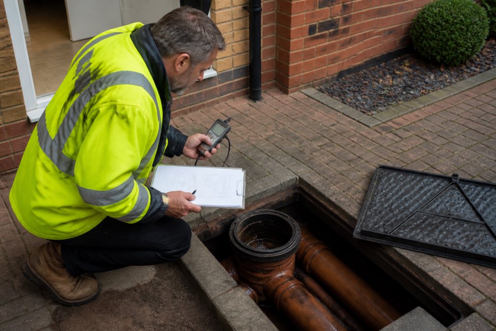 Professional drainage surveyor examining underground drainage pipes and inspection chambers on residential property, holding measuring equipment and clipboard with site plans