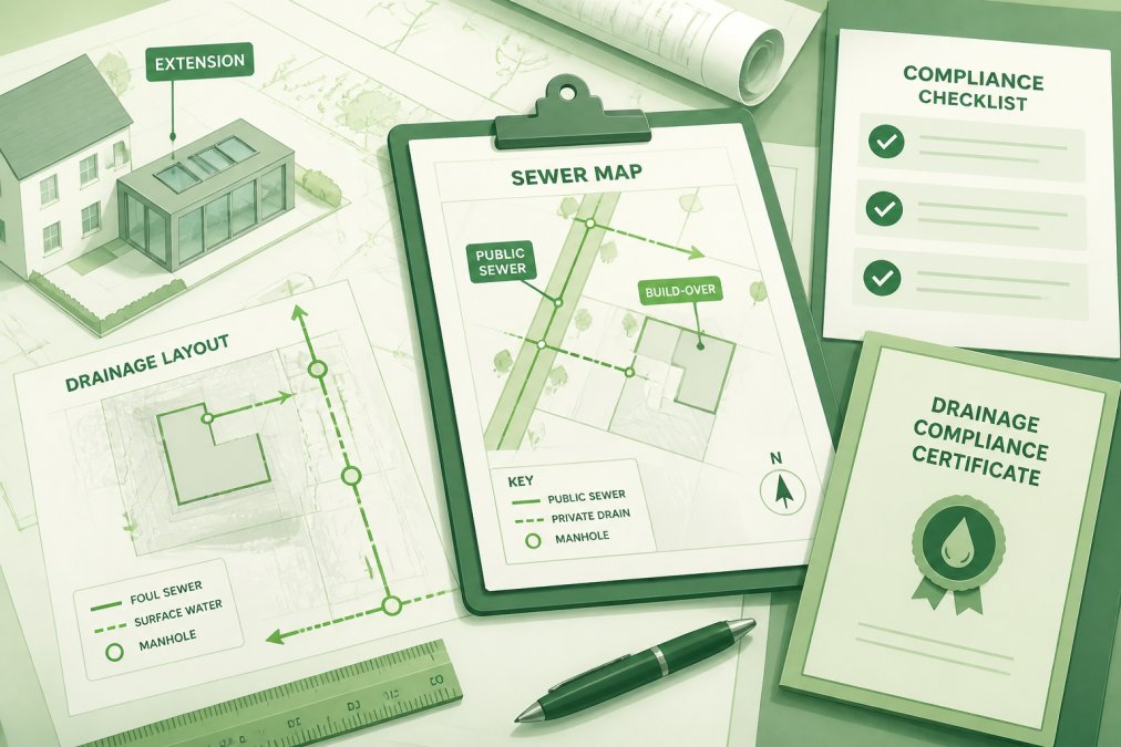 Close-up of architect's desk with building extension plans, drainage layout drawings, and compliance documents spread out with pen and clipboard showing sewer mapping details