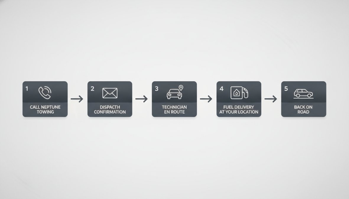 Flowchart showing emergency fuel delivery process with 5 steps: 1) Call Neptune Towing, 2) Dispatch Confirmation Sent, 3) Technician En Route, 4) Fuel Delivery at Your Location, 5) Back on Road
