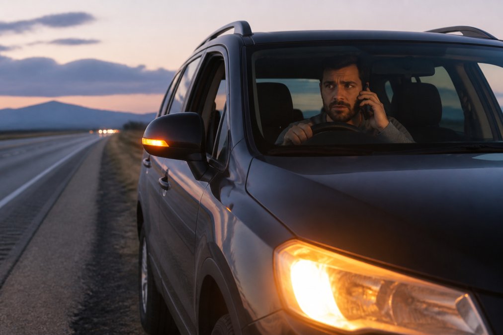Driver sitting in disabled vehicle on the side of a highway at dusk, hazard lights flashing orange, holding a smartphone to ear with one hand while gripping the steering wheel with the other, visible concern on face