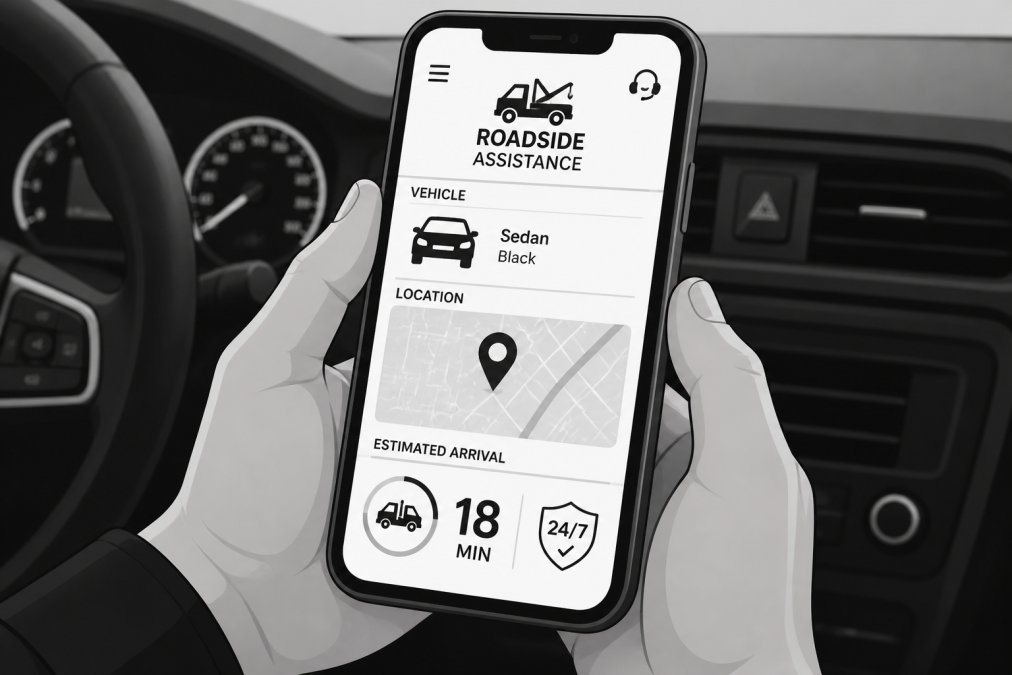 Close-up of person's hands holding smartphone with roadside assistance app interface displayed on screen, showing vehicle details, location map, and estimated arrival time, with blurred dashboard visible in background