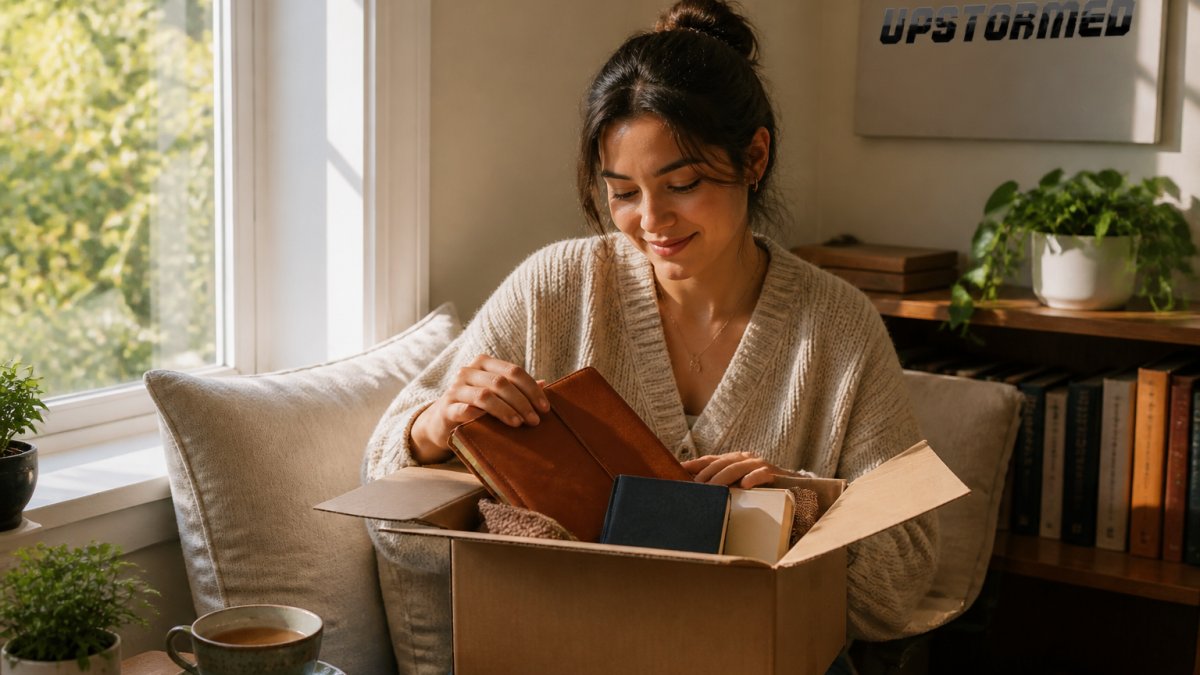 Person in a sunlit reading nook opening a package of books and a journal with a cup of tea nearby