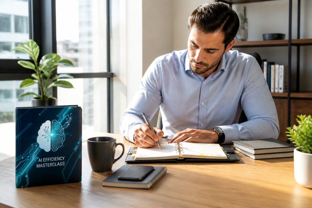 Professional at modern desk with planner, laptop, and coffee, intently organizing daily tasks with natural morning light streaming through office window