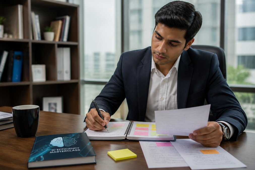 Business professional in contemporary office reviewing calendar and milestone notes, planning quarterly projects with focused expression