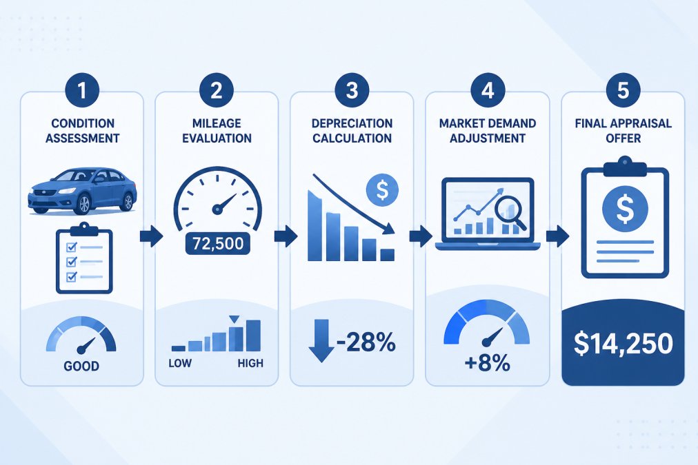Flowchart showing trade-in value calculation steps: vehicle condition assessment → mileage evaluation → depreciation calculation → market demand adjustment → final appraisal offer