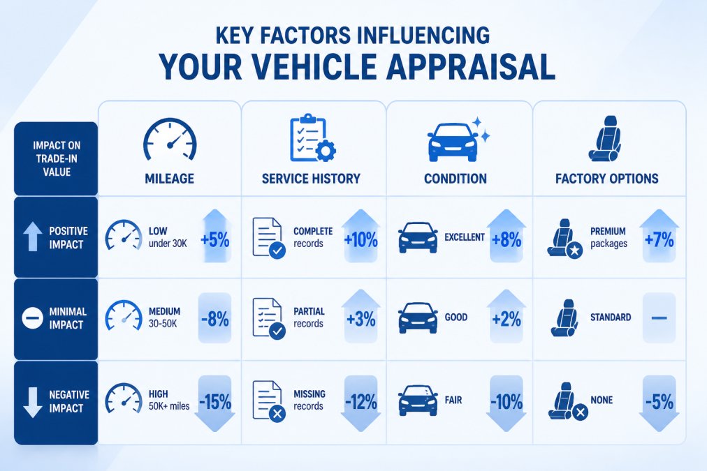Comparison matrix showing impact of different factors on trade-in value: Mileage (High 50K+ miles: -15%, Medium 30-50K: -8%, Low under 30K: +5%), Service History (Complete records: +10%, Partial records: +3%, Missing records: -12%), Condition (Excellent: +8%, Good: +2%, Fair: -10%), Factory Options (Premium packages: +7%, Standard: baseline, None: -5%)