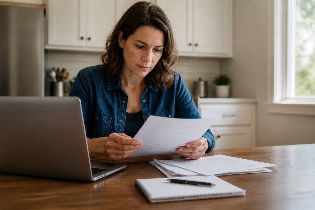Homeowner sitting at a kitchen table with a laptop open, reviewing documents and a notepad with a pen nearby, looking focused and organized