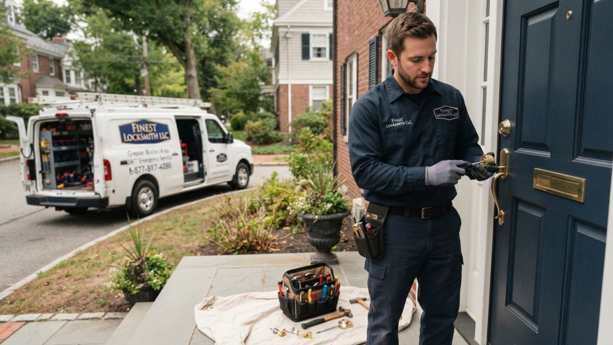 Professional locksmith in uniform holding lock hardware and tools, standing at a residential front door with fully equipped service van visible in the background
