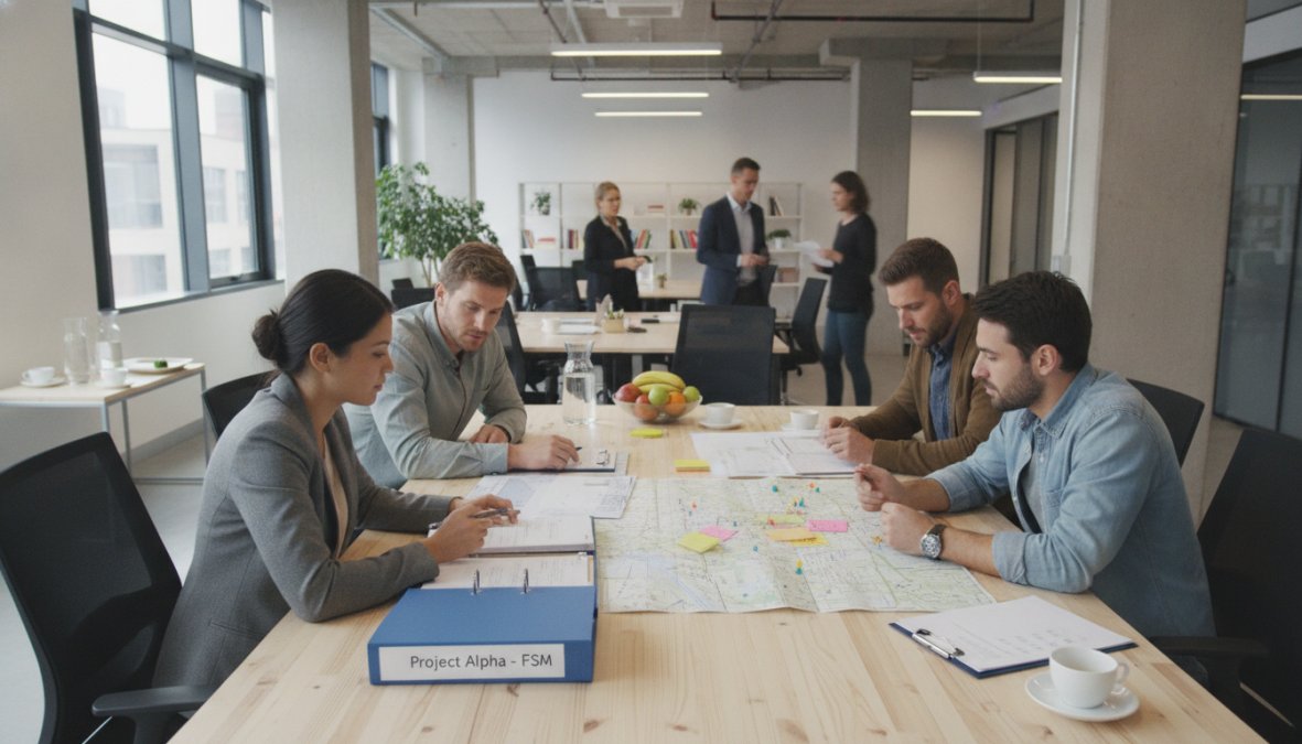 Feature overview showing team and service and business concepts for get field service management software demo
